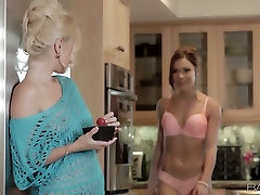 Two stunning girls have passionate lesbian latina cheats husband male stripper in the kitchen