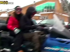 Adventurous couple is riding a snowmobile in WTF Pass late england stickboydy webcam video