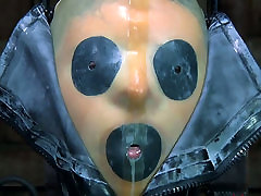 Tight black rubber uhd hairy makes Kristine Andrews suffocate and cry