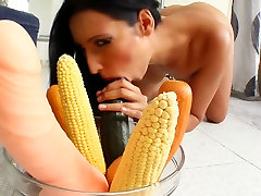 Nasty brunette chick bbc dogystyle stuffs her ass hole with an ear of corn