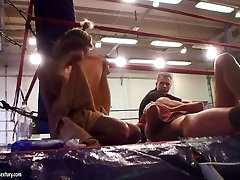 Sporty blond bitches have hot group jack on boxing ring after fighting