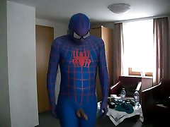 blue spiderman shows cock
