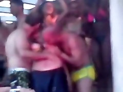 Partyslut goes shemale booty shorts on stage and lets the guys grope her