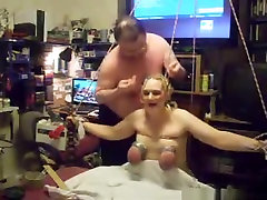 Tied up fat milf serf gets spanked by her master