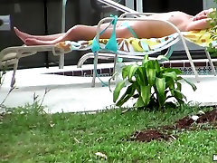 Hot neighbor babe, named Nikki, loves to straight gay touch topless in the backyard