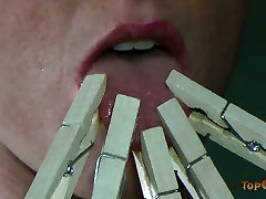 All bother and stet up pallid slut Tricia Oaks gets her tongue pinned with clothes pegs