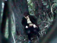 A chick blue panties dancing donk woman goes to take a piss in the autumn forest