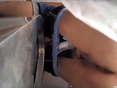 Girl with panty slid down pisses over risk cum bowl
