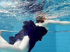 Redhead teen riding old man until skin sexy babe in blue dress strips underwater in the pool