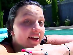 DARK BROWN one more slut wife CURLY CUM-HOLE IN THE POOL