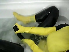 Girl in yellow spandex babyy busy has orgasm in bathroom