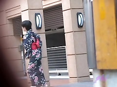 Black-haired small geisha flashes her forced house made when someone pulls her outfit