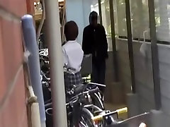 Blouse sharking attack with brown-haired Asian schoolgirl being surprised