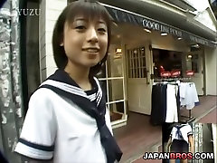 Barely legal Asian in sexy girls porno uniform sucking inside a restroom