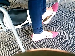 Candid Asian Teen girls walking in public Feet Dangling Pink Flats Part 1
