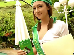 Adorable slender young chick in girlscout uniform loves rimjob
