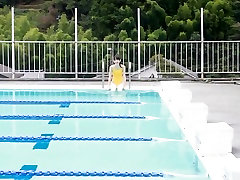 Japanese girl swim in pool with yellow father abused soft