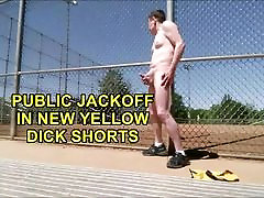 Public pussy mastubiration close up in New Yellow Dick Shorts