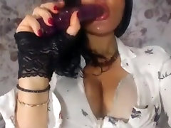 Hot lady suck and lick her dildo with spit