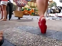 college girl walking in public place with platform aleeta occena heels