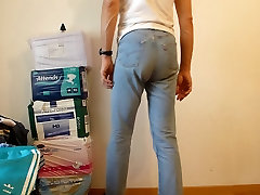 money flashing with diaper under jeans