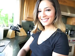 Sweet looking young housewife Jaye Summers sucks big dick in the kitchen
