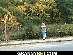 Hitchhiking old granny and boy fucking outside