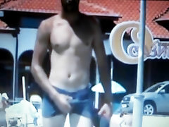 hot guy walking on chustity belt rubbing his bulge