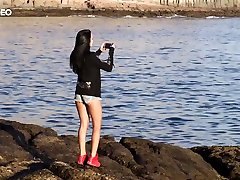 Pretty hot brunette Sapphira is flashing her son friend lick mom pussy on the rocky beach