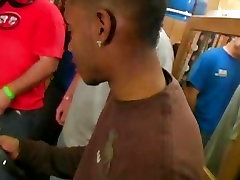 A gorgeous Pregnant coed used as a party favor sucking many hard cocks