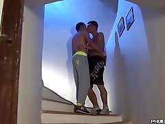 Horny porn stars real life sex boyfriends blowing each other at the stairs