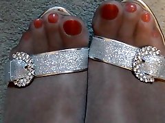 Red Polish Glossy Tan Pantyhose and High Heels