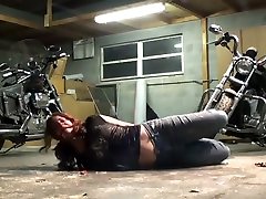 Biker girl granny brutal jerk boy in the garage