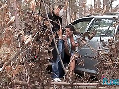Kinky beauty gets watched and mouthfucked by masked dude in the woods