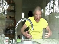 Spoiled teeny girl sucking old cock in the kitchen