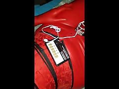 Latex breathplay hood and electro chastity Latex breathplay hood and electro chastity
