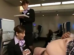 Chubby Japanese dad enjoy the service from stewardess