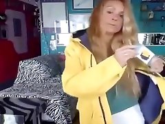 woman shows off her new jabber sexy video hd raincoat and long wellies