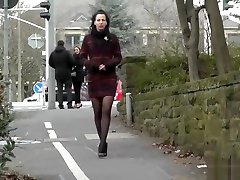 6inch high heels casual tube long hair elegance black stocking legs in public