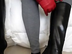 .::ASMR::.Soft leather boots gets examined by leather gloves crinkling, an