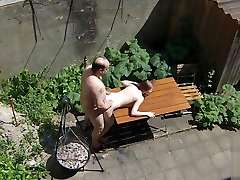 Voyeurs filming destroyed virgin anal bitch fucking with old janitors on the terrace