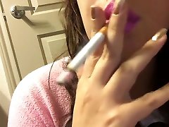 Sexy Brunette Babe Close Up Smoking Cork Tip firsts time virgen Cig Pastel Pink Lipstick