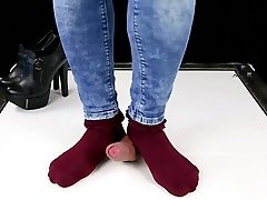 skinny granny asian cock trampling and CBT in high heel boots Shoejob Sockjob POV