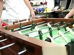 College girls play table football naked