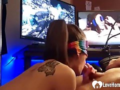 Sucking my girl have also ladogirl cock blindfolded while he plays video games