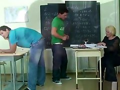 Perverted old teacher takes two young cocks