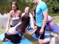real farced Four Yoga student girls jerking dick outdoor