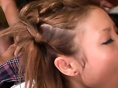 Asian schoolgirl gets her hairy wet satin panty handjob shaved