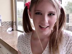 Pigtailed teen Melody Marks gives a rimjob and gets her slit nailed hard