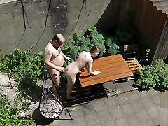 Voyeurs filming teen anve venus fucking with old janitors on the terrace